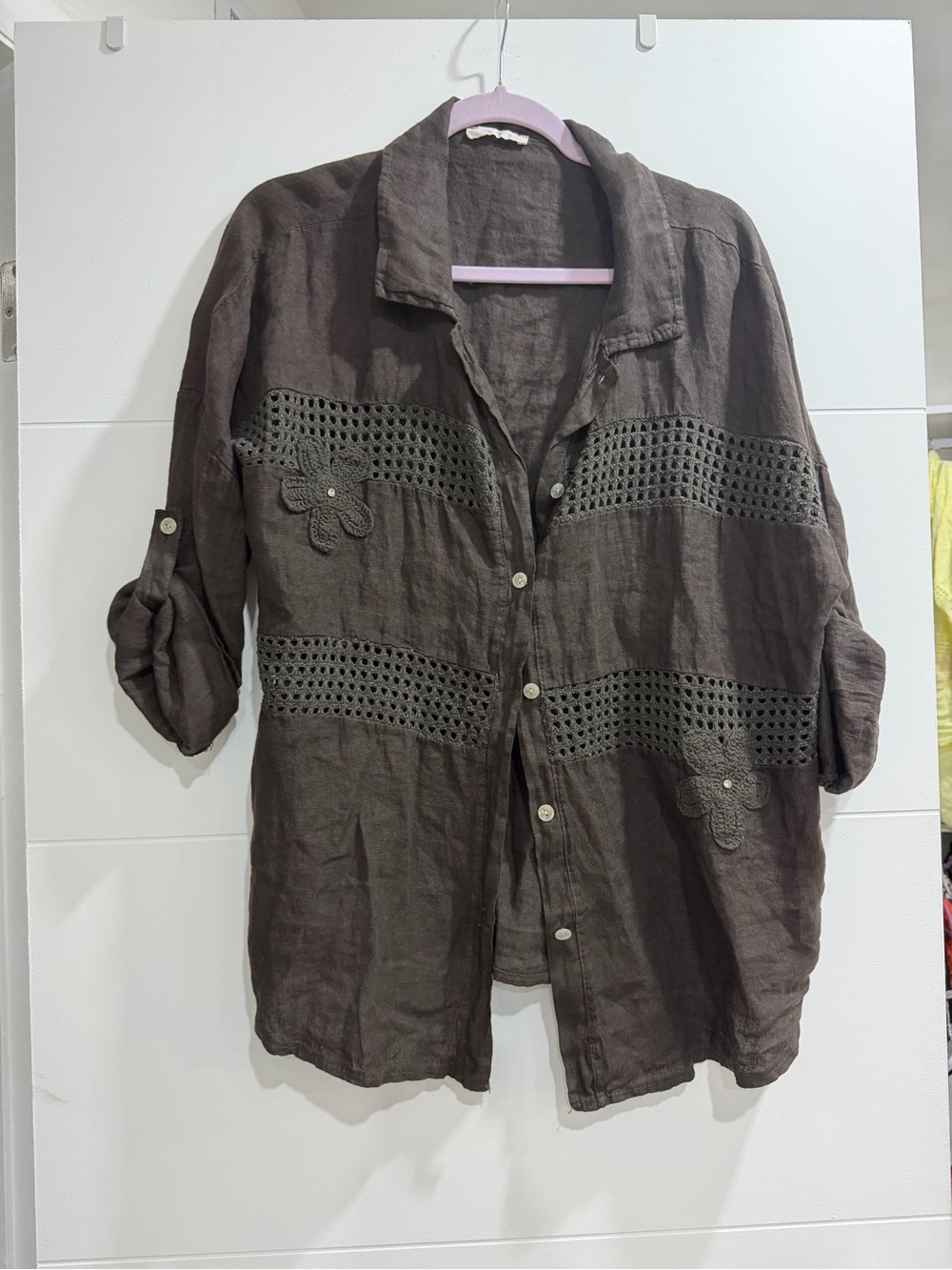 Crochet Panel Button-Front Linen Shirt Jacket - Brown one size fits all